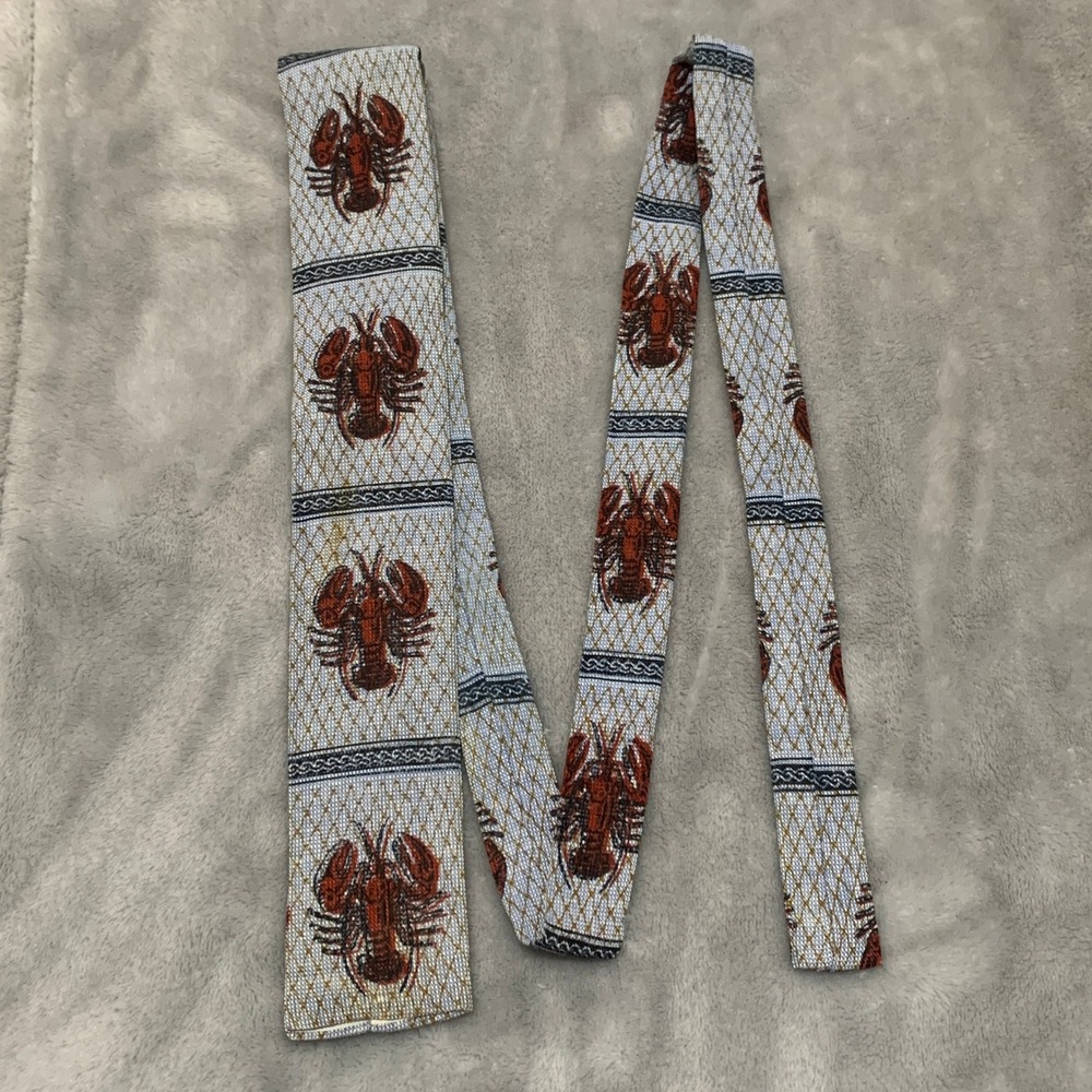 Vtg Rooster Lobster Hand Printed Skinny Tie Blue Gold Square End Nautical‎ Flaw